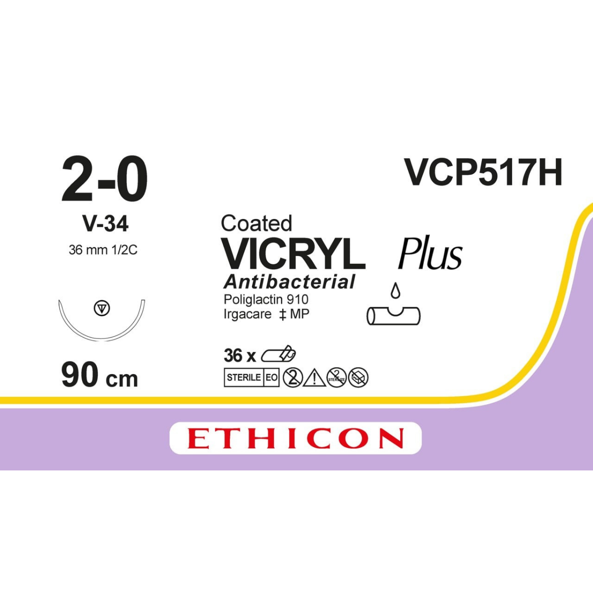 VCP517H - Vicryl Plus 2-0 Braided Violet 90cm Tapercut 36mm