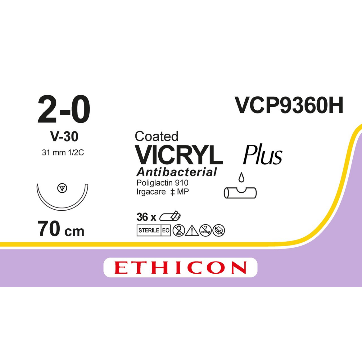 VCP9360H - Vicryl Plus 2-0 Braided Violet 70cm Tapercut 31mm