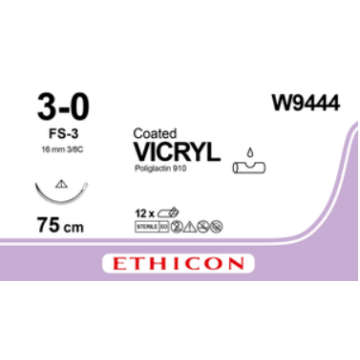 W9444 - VICRYL VIOLET 3/0 (75CM) 16MM ½ CIRCLE CONVENTIONAL CUTTING NEEDLE