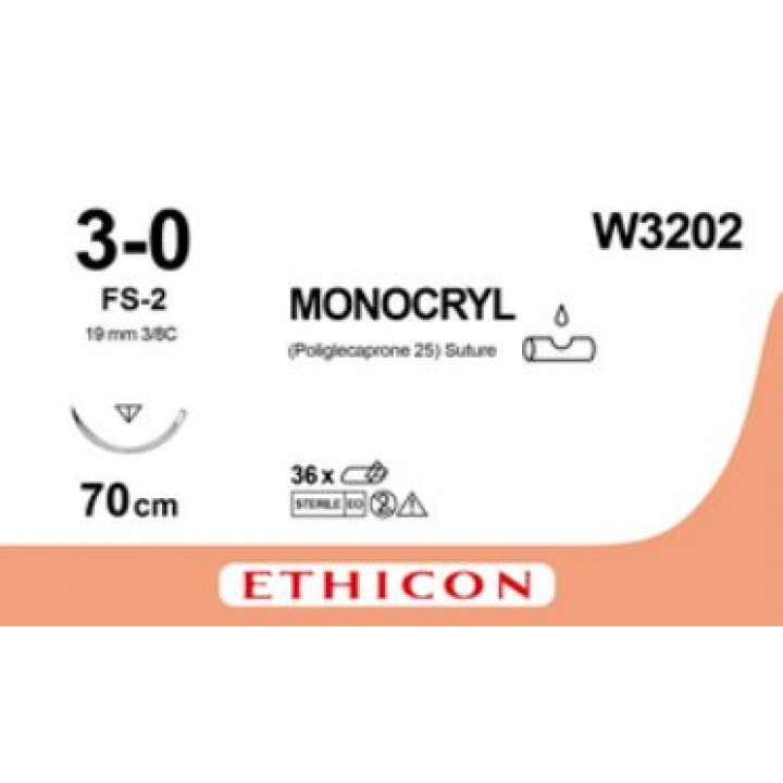 MONOCRYL 3/0 (70CM) 19MM ⅜ CURVED REVERSE CUTTING NEEDLE