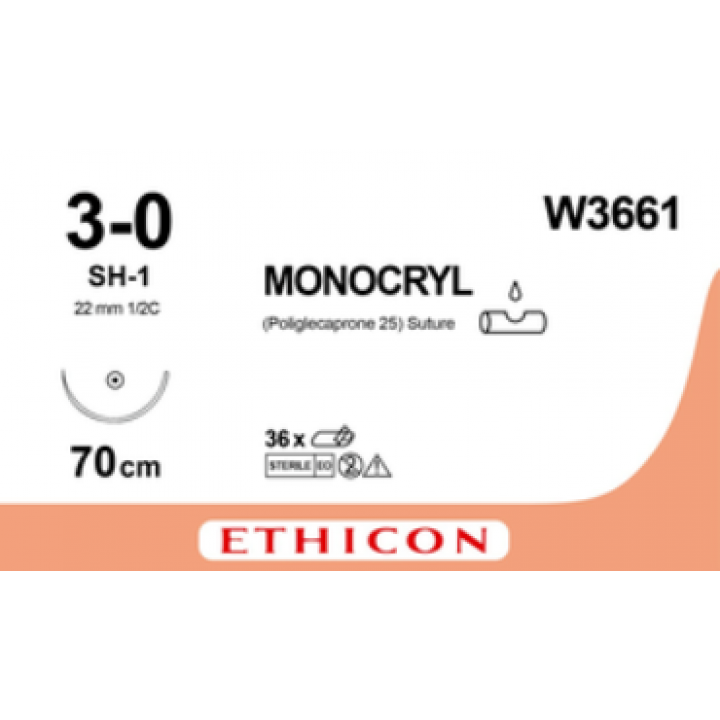 MONOCRYL VIOLET 3/0 (70CM) 22MM ½ CIRCLE TAPER POINT PLUS NEEDLE