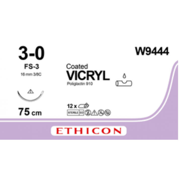 W9444 - VICRYL VIOLET 3/0 (75CM) 16MM ½ CIRCLE CONVENTIONAL CUTTING NEEDLE
